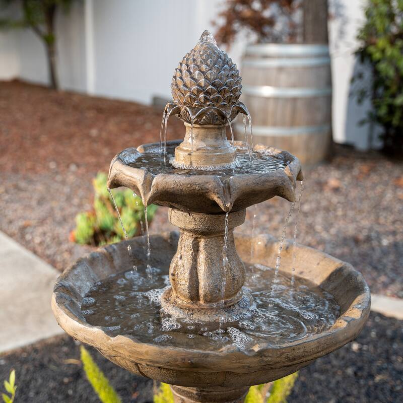 44" H Fiberglass/Resin 2-Tier Solar Water Fountain w/ Solar Panel and Auto-Shut Off Pump, Two Tiered Birdbath Fountain