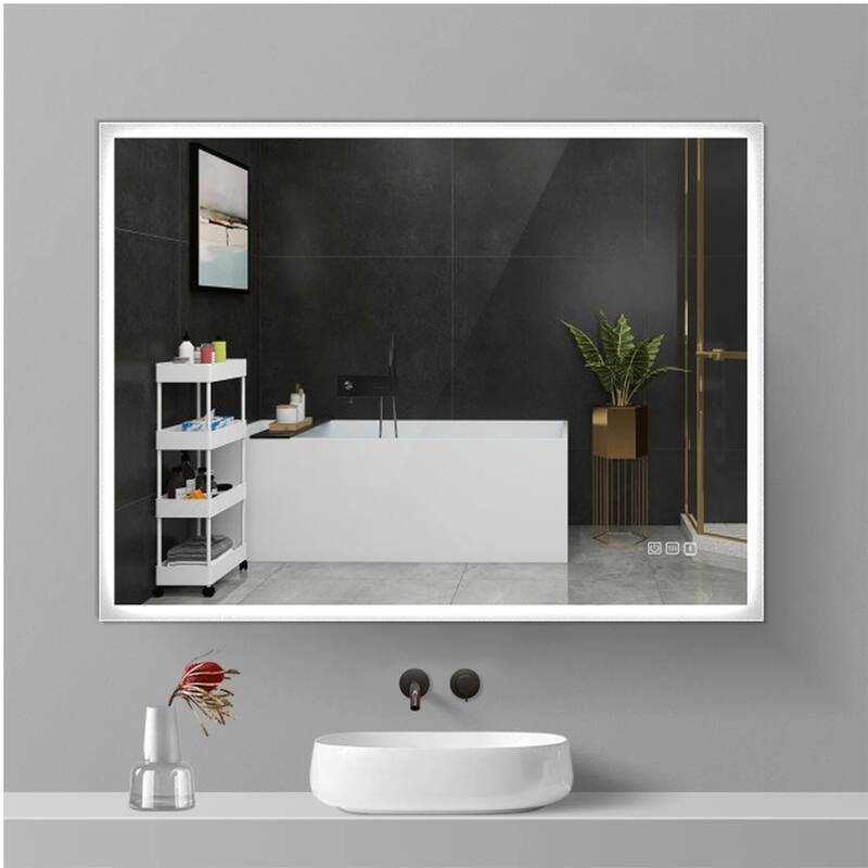 27.55 in. W x 35.43 in. H Rectangular Frameless Wall-Mounted Bathroom Vanity Mirror with Dimmable and Touch Control - Silver