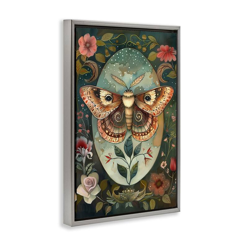 Stupell Moth with Blooming Florals Framed Floater Canvas Wall Art Design By The Dutch Lady