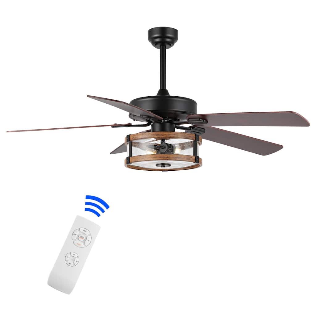 Lucas 52" 2-Light Rustic Industrial Iron/Wood/Seeded Glass Mobile-App/Remote-Controlled LED Ceiling Fan, Black by JONATHAN Y