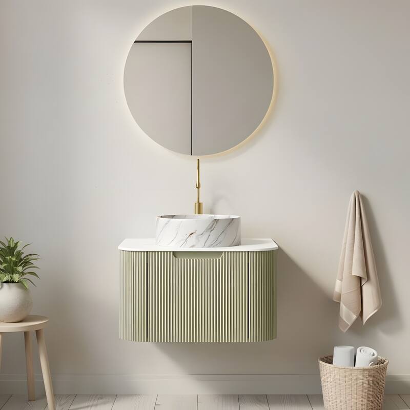 Floating Bathroom with Round Ceramic Basin and Storage Drawer