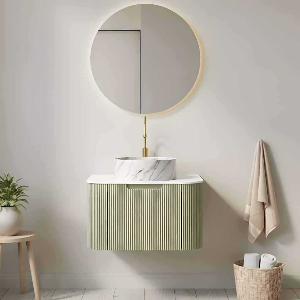 Floating Bathroom with Round Ceramic Basin and Storage Drawer