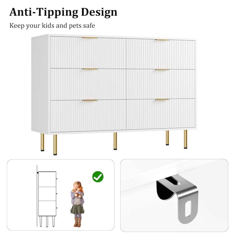 6 Drawer Fluted Dresser for Bedroom, Modern Wooden Storage Chest with Gold Handles