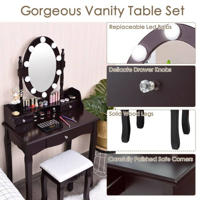 Oval Mirror Vanity Set with 10 LED Dimmable Bulbs and 3 Drawers - 29.5" x 16" x 56.5" (L x W x H)