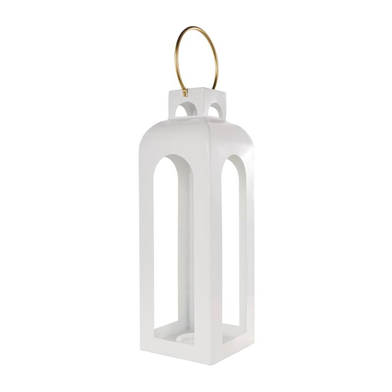 Metal Tall Arched Cutout Indoor Outdoor Candle Lantern with Gold Handle - White - Roche River Decor