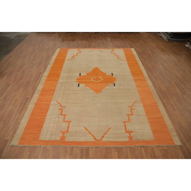 Hand Woven Oriental 100% Wool Carpet Southwestern Tribal Brown Kilim Area Rug - 11' 9'' X 9' 0''