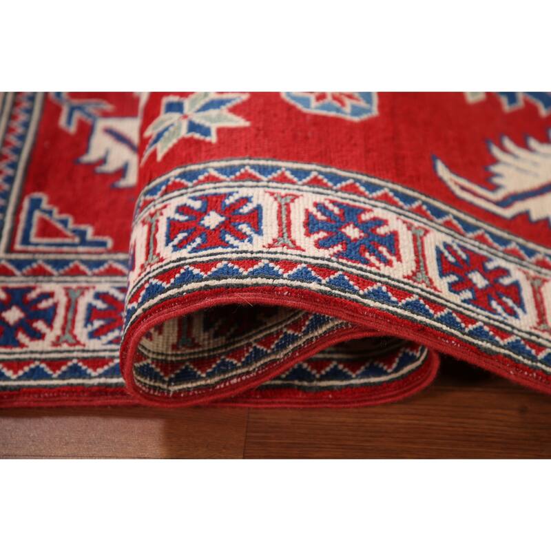 Geometric Red Kazak Accent Rug Handmade Traditional Wool Carpet - 3'4"x 4'11"