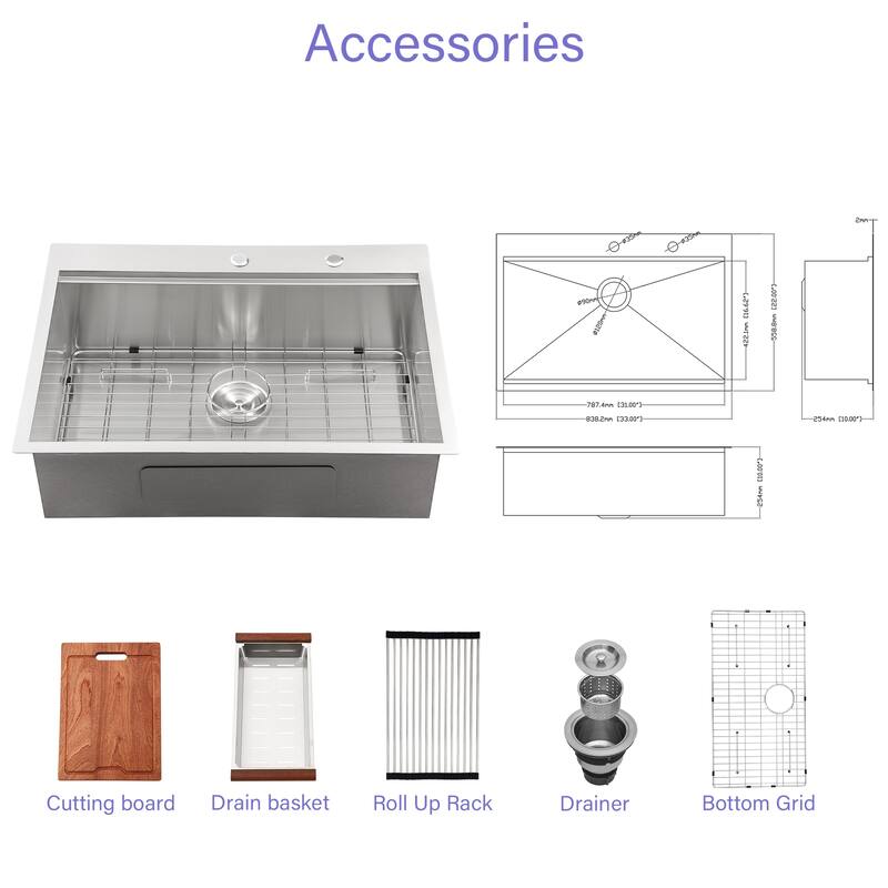 Drop in Single Bowl 16 Gauge Stainless Steel Ledge Workstation Kitchen Sink