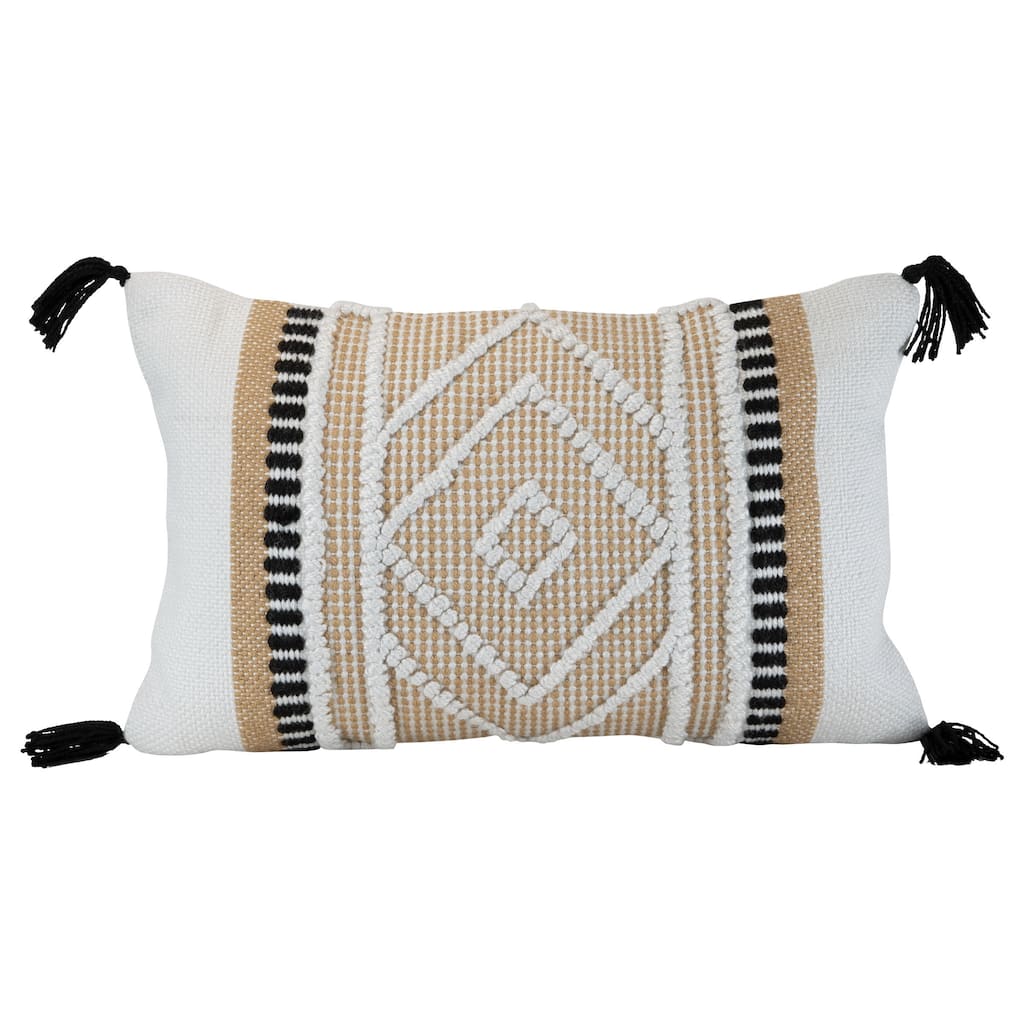 Foreside Home & Garden Diamond Motif Hand Woven 14x22" Outdoor Decorative Throw Pillow with Hand Tied Tassels