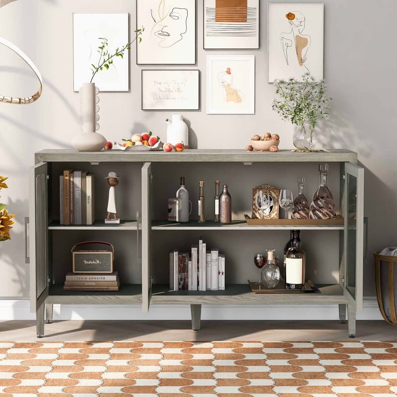 Wood Storage Cabinet with Three tempered glass doors and Adjustable Shelf