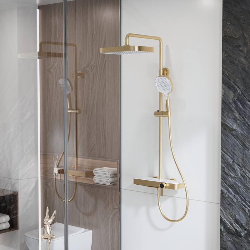 Modland Wall Mount 3-Function Shower System with Waterfall Tub Spout Adjustable Slide Bar,Handheld Shower - Brushed Gold