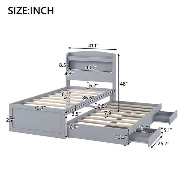 Twin XL Platform Bed with Storage, LED Headboard, Charging Station, Trundle and Drawers