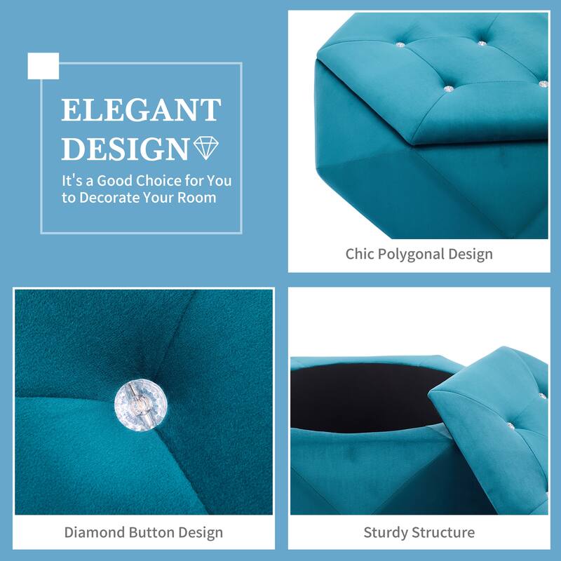 Blue Elegant Velvet Diamond Tufted Storage Ottoman - Multi-Functional Seating for Living & Bedroom
