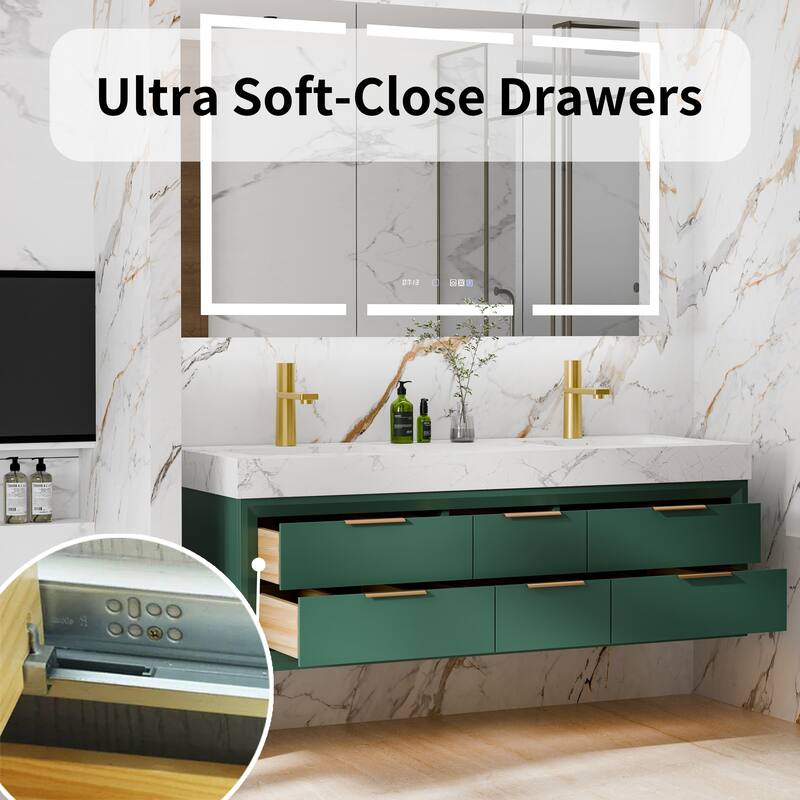 60" Wall-Mount Double Vanity with LED Light. - 60 inch