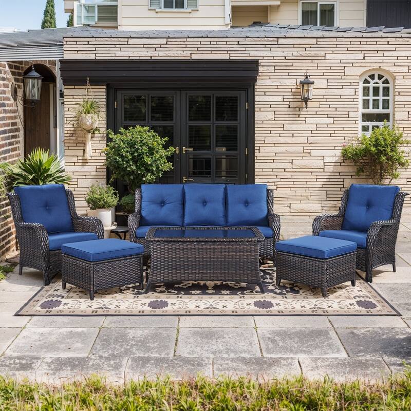 Outdoor Sofa Chair with Coffee Table and Ottoman - Brown Rattan - Blue Cushion - 6PCS - Patio Chair w/ Sofa Ottoman Coffee Table