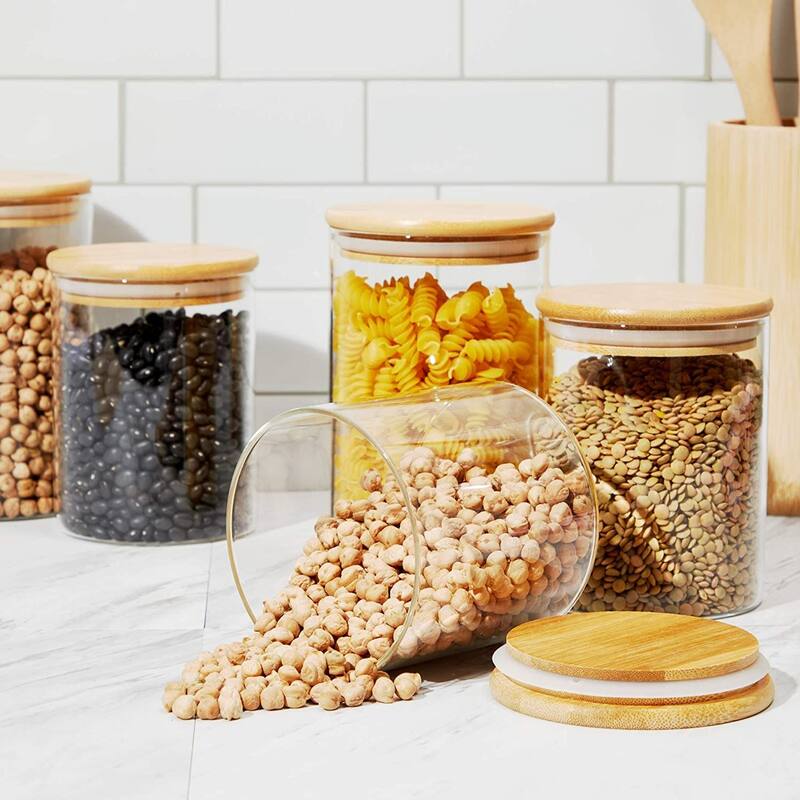Glass Canisters with Airtight Bamboo Lids, 3 Sizes for Pantry Storage (5 Pack)