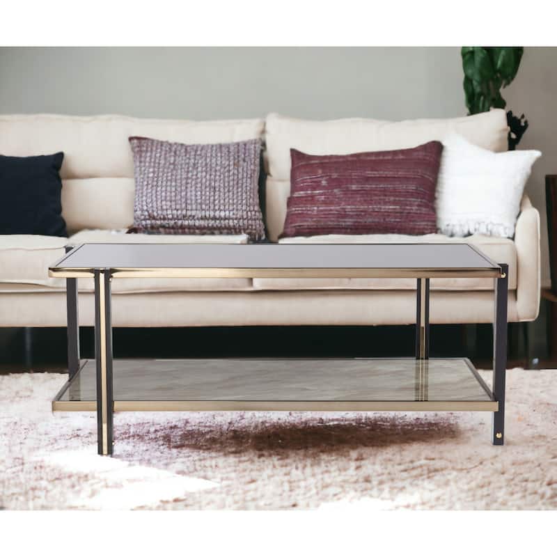 43" Champagne Mirrored Metal Rectangular Coffee Table with Faux Marble Shelf - 43” x 23.25” x 18”