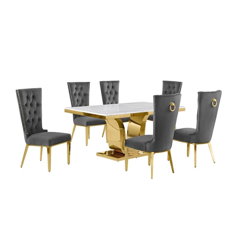 Best Quality Furniture D320-SC334-7 Dining Set with 66" White Marble Top