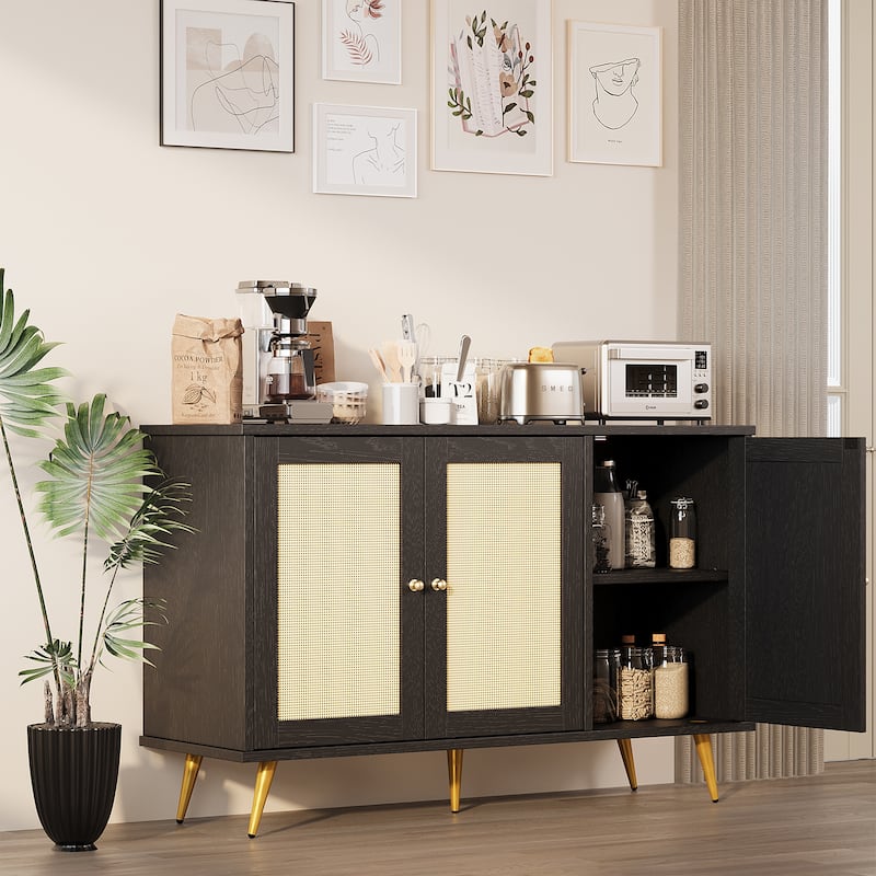 Rattan Storage Cabinet With 3 Door, Farmhouse Style Buffet Sideboard - N/A