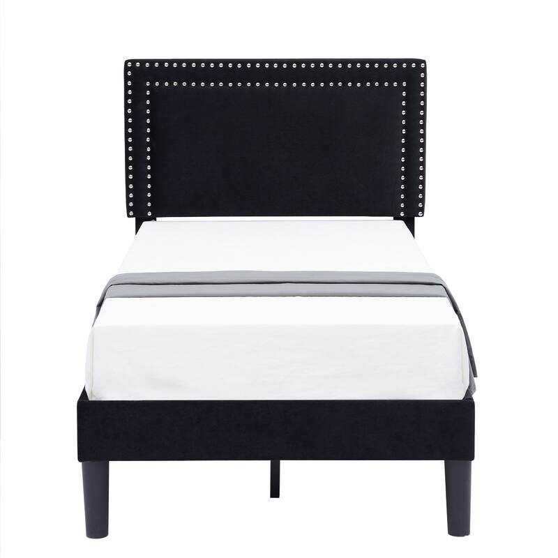 Upholstered Platform Bed Frame with Adjustable Headboard, Velvet Nailhead Trim, No Box Spring Needed