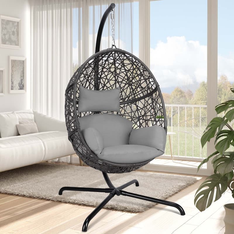 Oversized Outdoor Egg Chair with Stand, 450lbs Capacity Wicker Hanging Swing Chair, Extra Large Patio Lounge Chair with Cushions