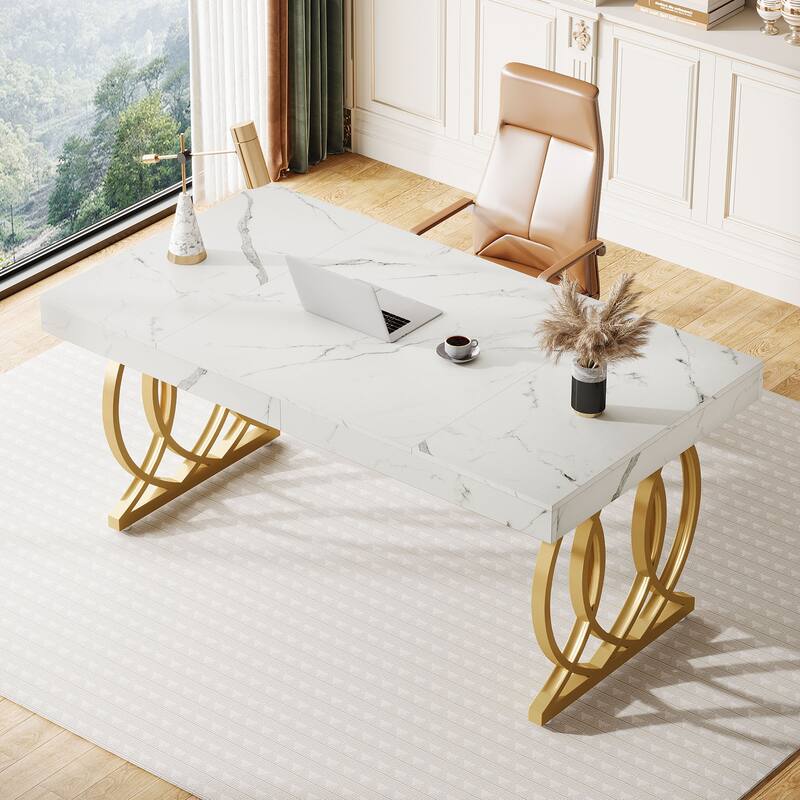 63 Inch Modern Computer Desk, White and Gold Office Executive Desk