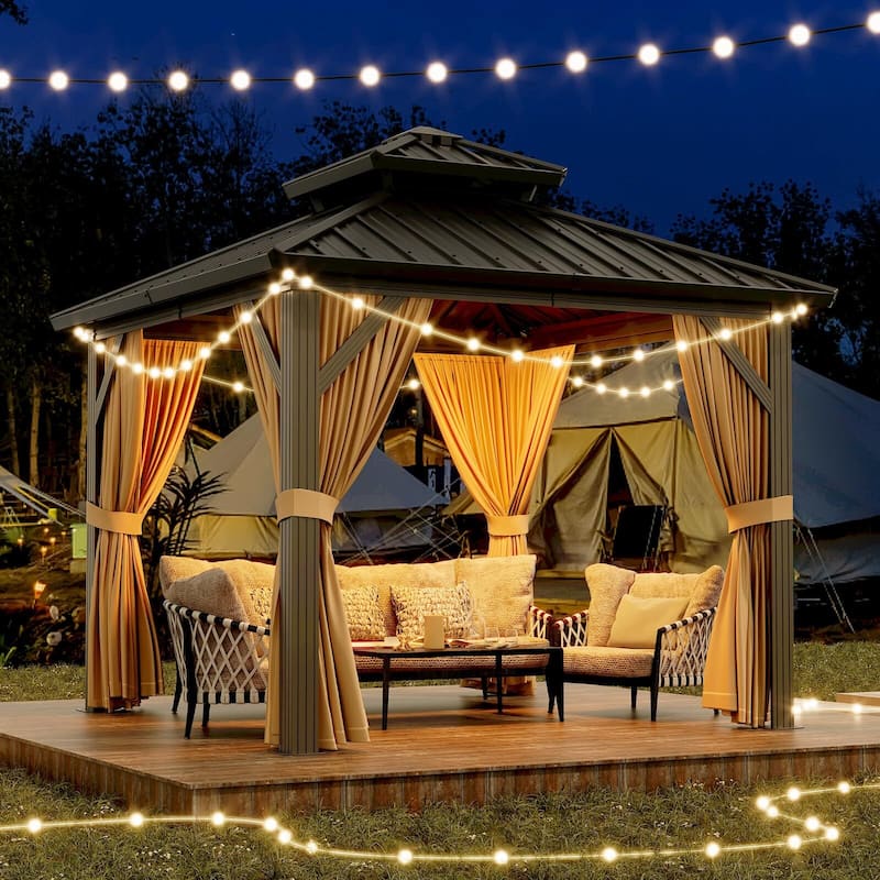 Outdoor Galvanised Steel Hardtop Gazebo, with Netting and Sunshade Curtains - Beige - 10*10ft