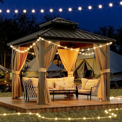 Outdoor Galvanised Steel Hardtop Gazebo, with Netting and Sunshade Curtains