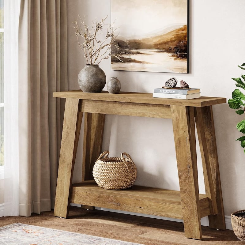41.3" Farmhouse Console Table, 2-Tier Wooden Entryway Table - Yellow Brown - Wood