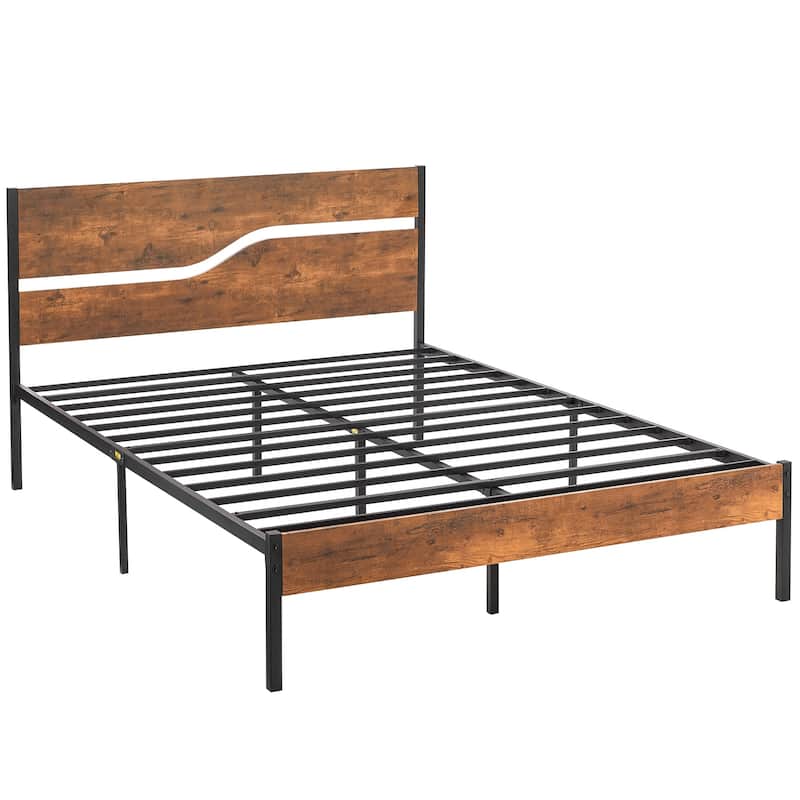 VECELO Beds Industrial Platform Bed Frame with Wood Headboard,Easy Set up