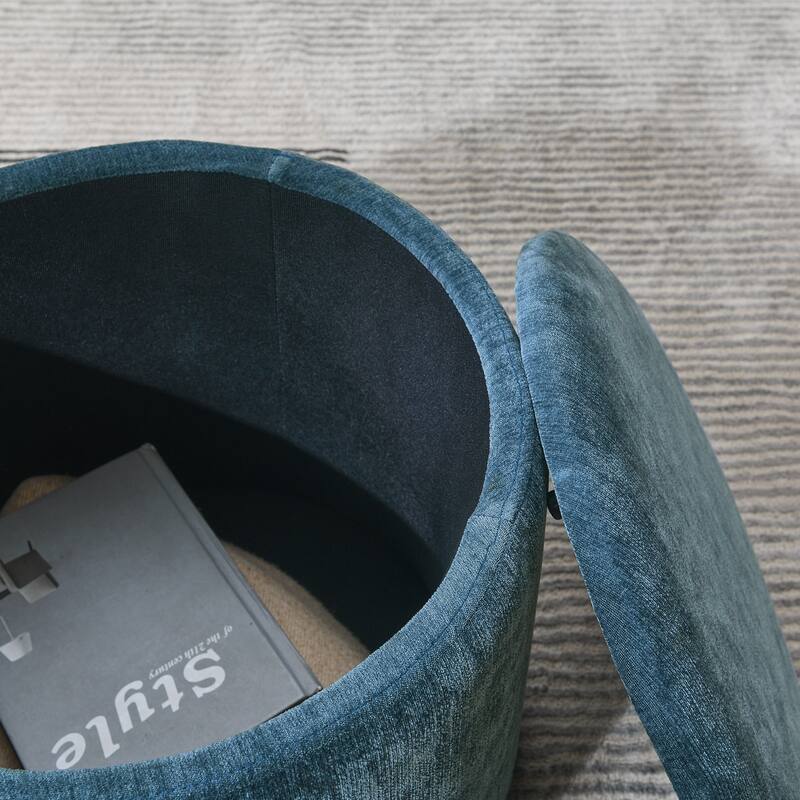 Roomfitters 2-Piece Round Chenille Storage Ottoman Set with Drum-Shaped Stool and MDF Top, Hidden Compartment