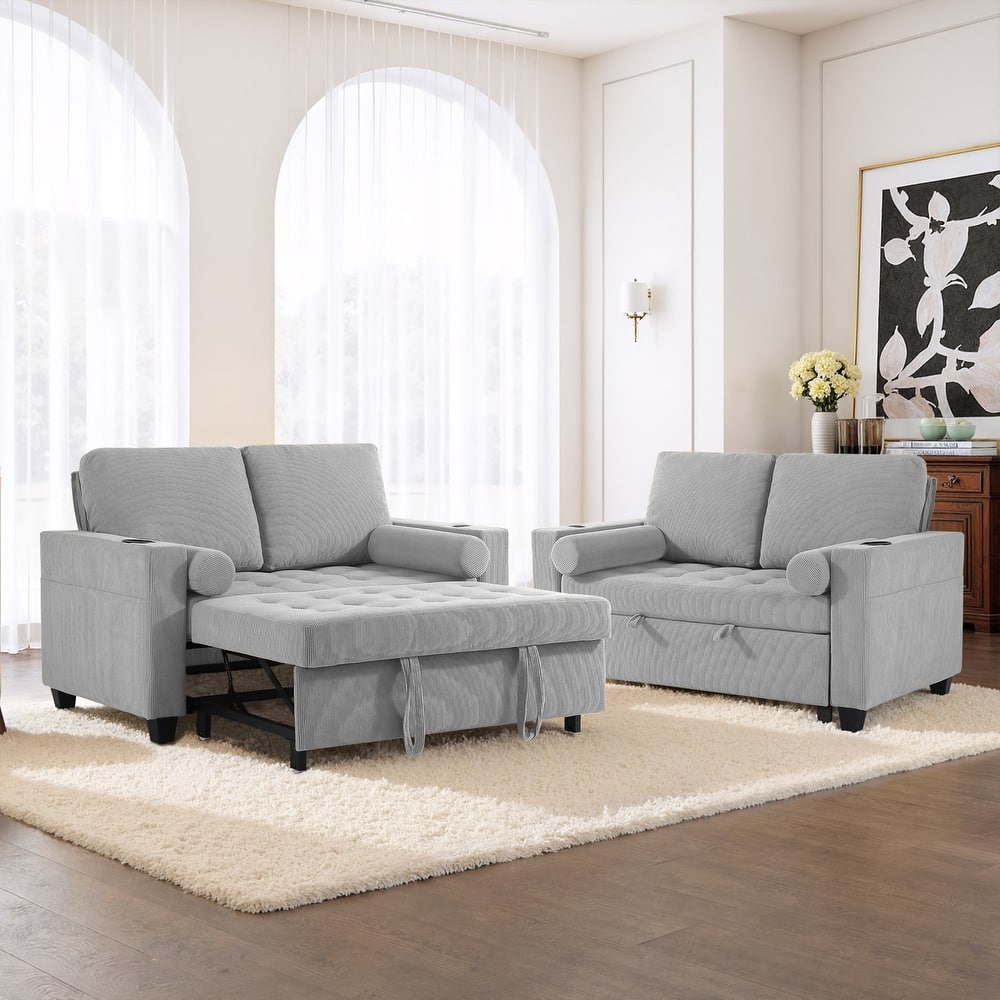 2 Set Multi-Functional Sleeper Sofa Bed 3-in-1 Pull-Out Convertible Adjustable Loveseat with USB Port