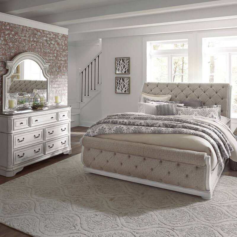 Magnolia Manor Antique White & Weathered Bark Upholstered Sleigh Bed, Dresser and Mirror Set - Queen