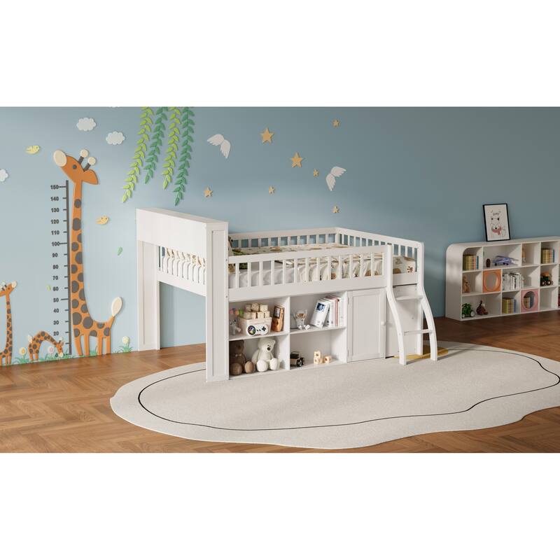 Roomfitters Full/Queen Loft Bed with Storage Shelves and LED Headboard