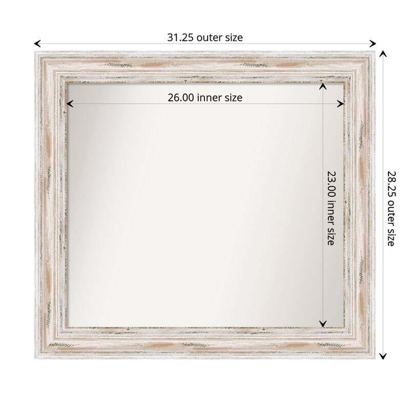 Alexandria White Wash Framed Non-Beveled Custom Wall Mirror, Bathroom Vanity Mirror - Outer Size: 31.25 x 28.25