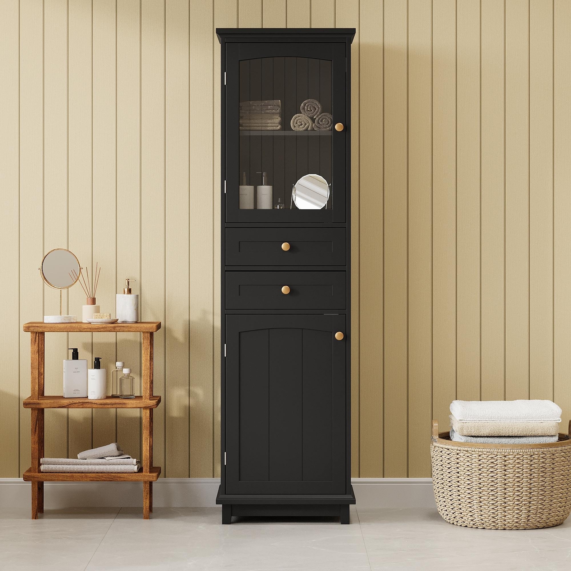 63" Tall Bathroom Storage Cabinet with Glass Doors and Drawers