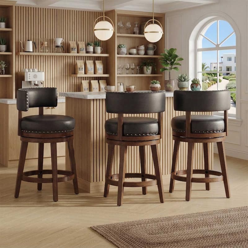 360-Degree Swivel Counter Height Bar Stool with Backrest Rubberwood Frame - Dark Brown