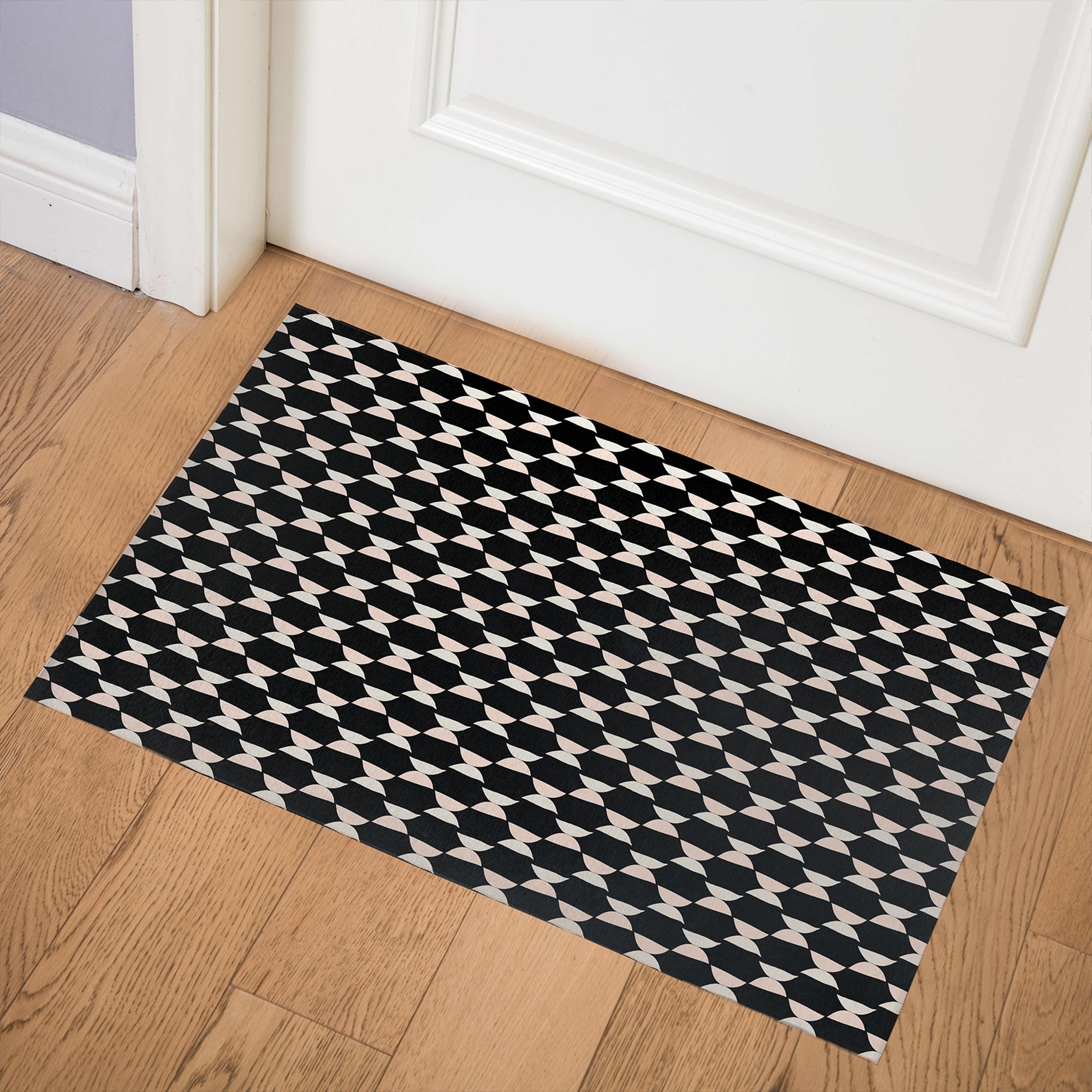 2 Pieces Modern Abstract Houndstooth Black Washable Door Mat Non-slip  Entryway Rug Set