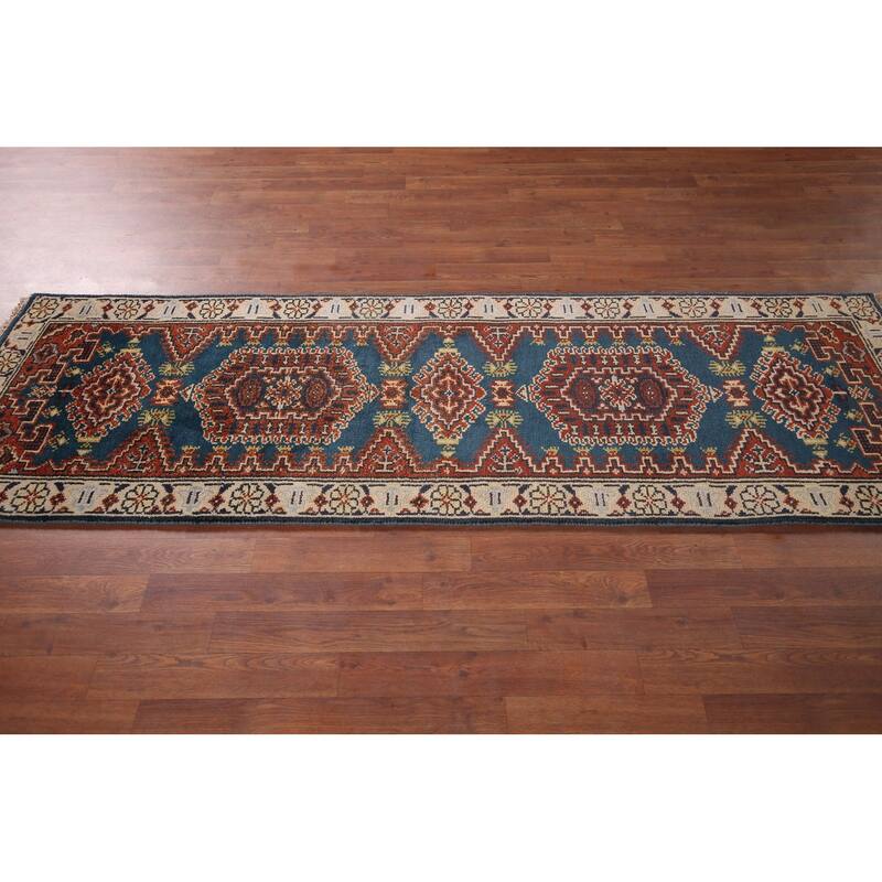 Blue Geometric Viss Oriental Runner Rug Handmade Wool Carpet - 2'6"x 7'10"