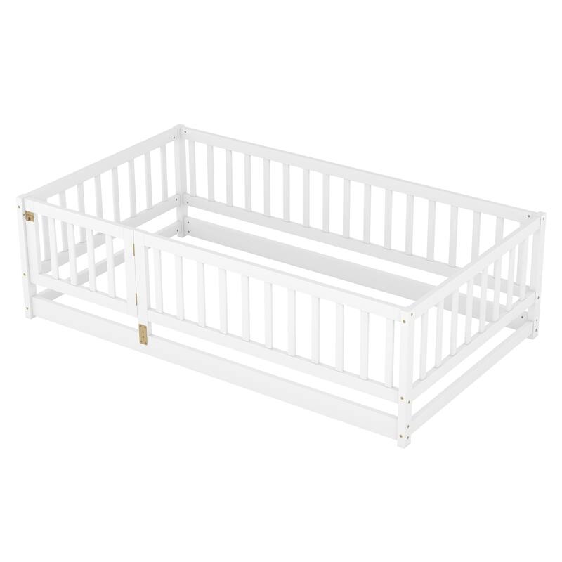 Full Size Montessori Floor Bed with Fence and Door, Kids Wood Bed Frame, Natural Pine Wood Floor Bed