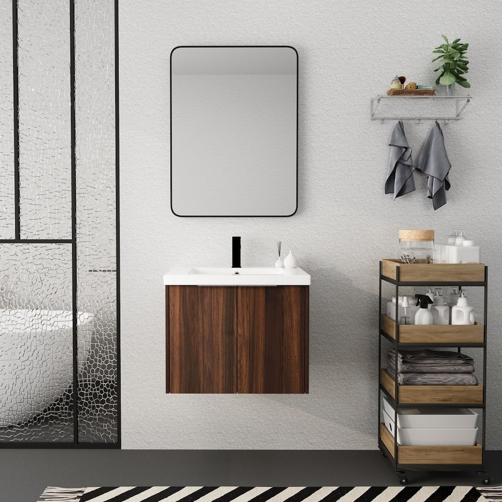 24/30/36 Inch Wall Mounted Single Bathroom Vanity with Resin Vanity Top in Walnut / Oak