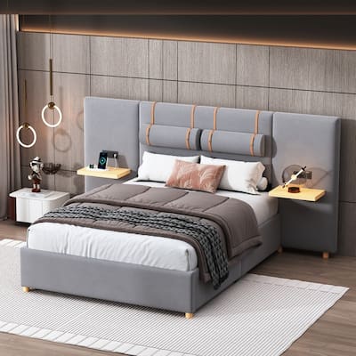 Velvet Upholstered Platform Bed with 2 Outlets,USB Charging Ports and Shelf