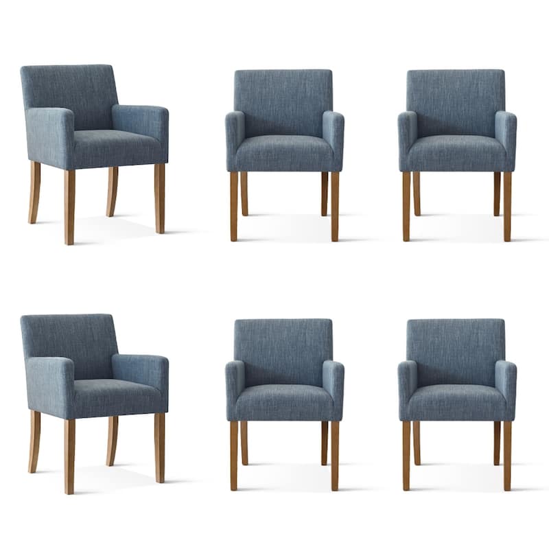 Linen Upholstered Armchairs with Wide Seat, High Back and Solid Wood Legs, Set of 6