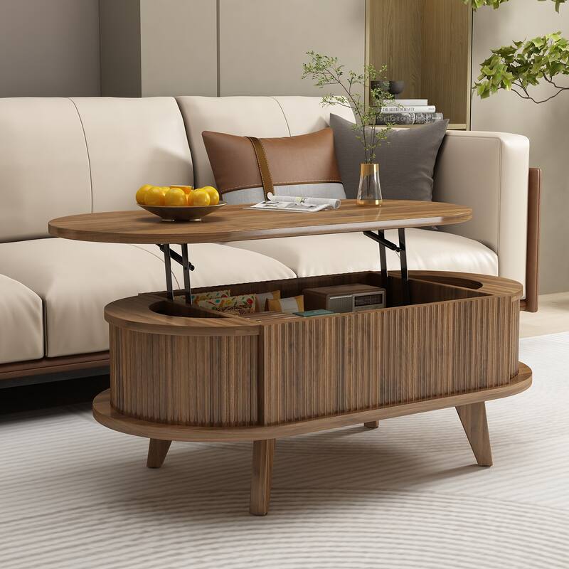 Fluted Lift Top Coffee Table with Hidden Compartment, Wooden Center Table, Modern Oval Lift Tabletop for Home Living Room