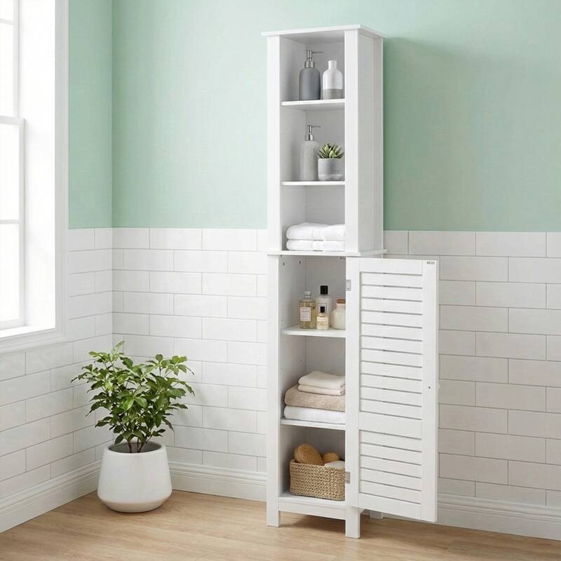 Santorin Tall White Bathroom Storage Cabinet Linen Tower - 13 7/8"L x 10.4"W x 68"H
