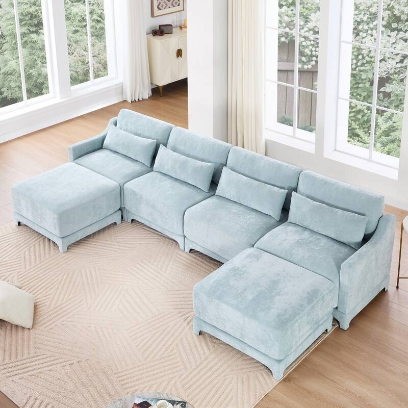 141.7" Oversized Chenille Four-seater Sectional Sofa with Ottoman and Lumbar Pillow for Living Room - Sky Blue