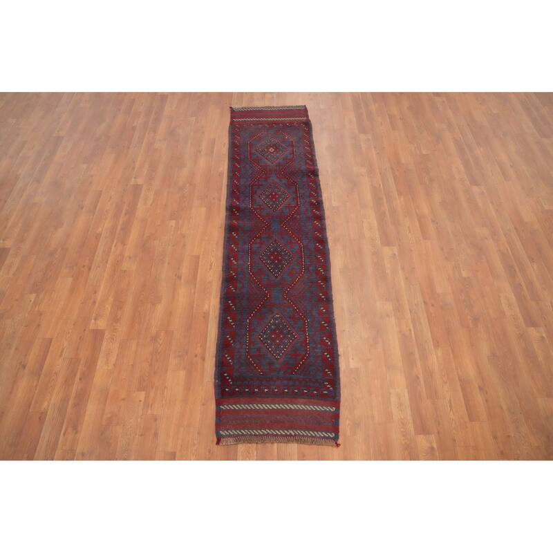 Hand Knotted Oriental 100% Wool Carpet Traditional Tribal Navy Blue & Blues Balouch Runner Rug - 7' 7'' X 1' 10''