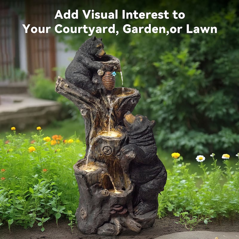 Vbal Resin Bears and Honeycomb 4-Tier water extraction Outdoor Fountain with LED Light