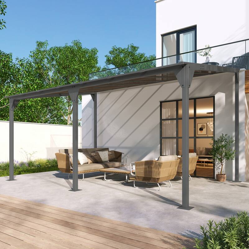 14.76x9.22 FT Wall-Mounted Outdoor Gazebo with Sloped Roof, Powder-Coated Iron Frame & PC Panels for Deck, Garden, Backyard