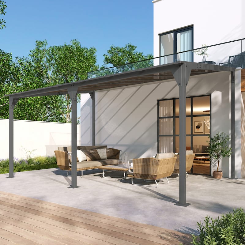 Roomfitters Wall-Mounted Gazebo Patio Cover with Powder-Coated Iron Frame and PC Roof Panels, Gray